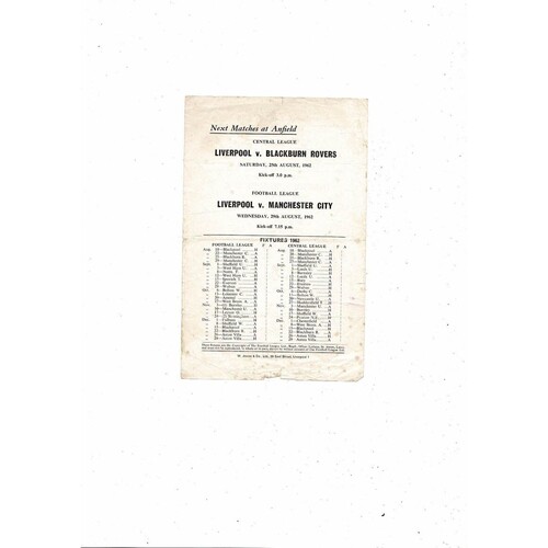 Liverpool v Manchester City Central League Football Programme 1962/63