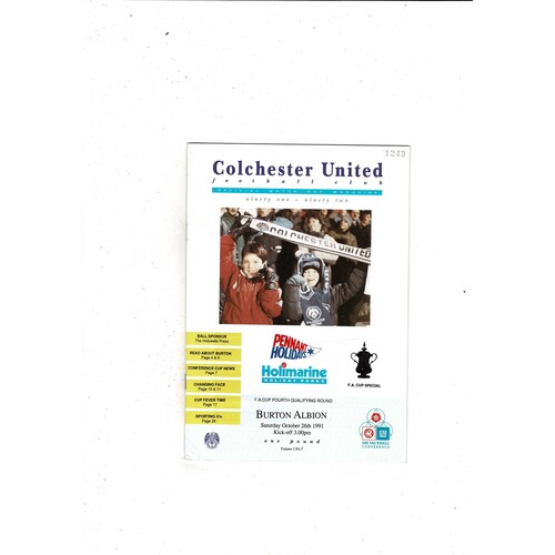 Colchester United v Burton Albion FA Cup Football Programme 1991/92