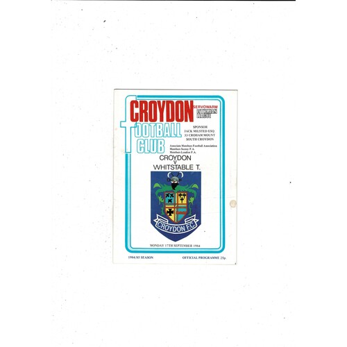 Croydon v Whitstable Town FA Cup Football Programme 1984/85