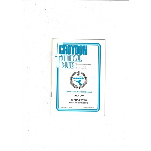 Croydon v Slough Town FA Cup Football Programme 1991/92