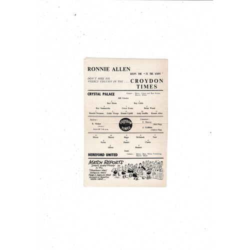 Crystal Palace v Hereford United FA Cup Football Programme 1962/63