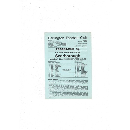 Darlington v Scarborough FA Cup Replay Football Programme 1976/77