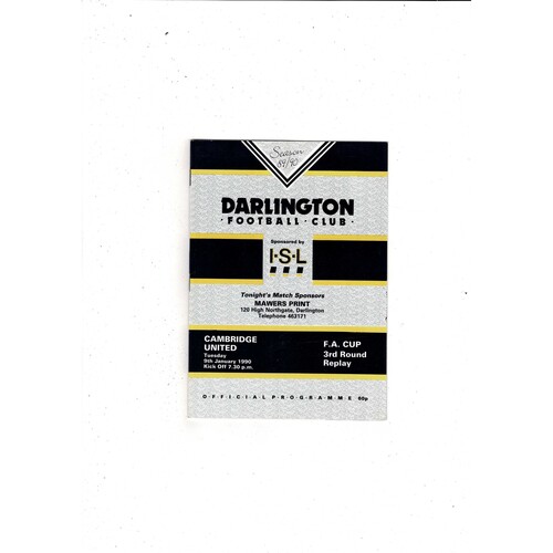 Darlington v Cambridge United FA Cup Football Programme 1990/91