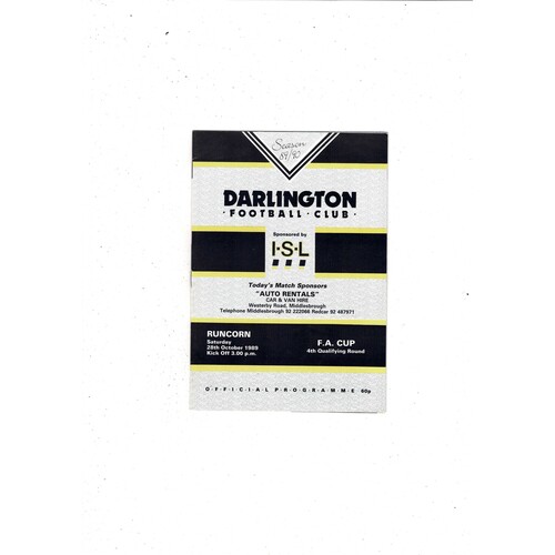 Darlington v Runcorn FA Cup Football Programme 1989/90