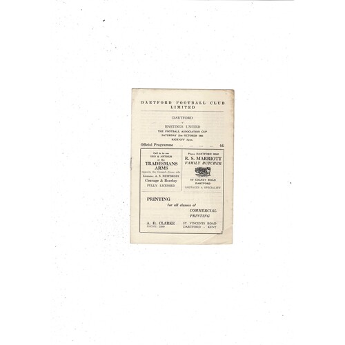 Dartford v Hastings United FA Cup Football Programme 1961/62