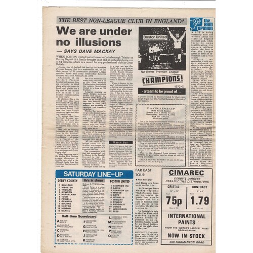 Derby County v Boston United FA Cup Football Programme 1973/74