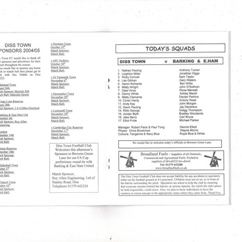 Diss Town v Barking & East Ham United FA Cup Football Programme 2004/05