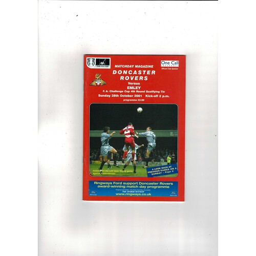 Doncaster Rovers v Emley FA Cup Football Programme 2001/02