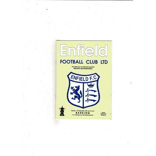 Enfield v Barking FA Cup Football Programme 1990/91