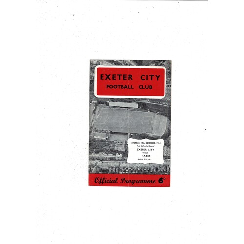 Exeter City v Hayes FA Cup Football Programme 1964/65