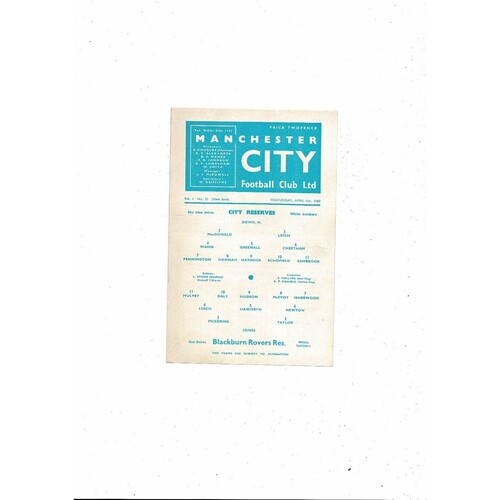 Manchester City v Blackburn Rovers Central League Football Programme 1959/60