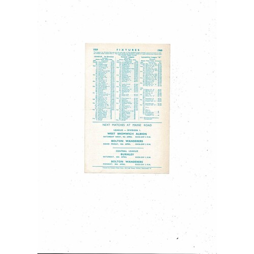 Manchester City v Blackburn Rovers Central League Football Programme 1959/60