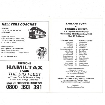 Fareham Town v Torquay United FA Cup Replay Football Programme 1988/89