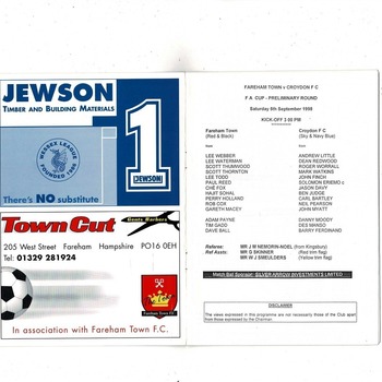Fareham Town v Croydon FA Cup Football Programme 1998/99