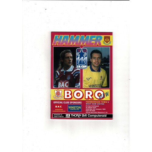 Farnborough Town v West Ham United FA Cup Football Programme 1992/93 @ West Ham