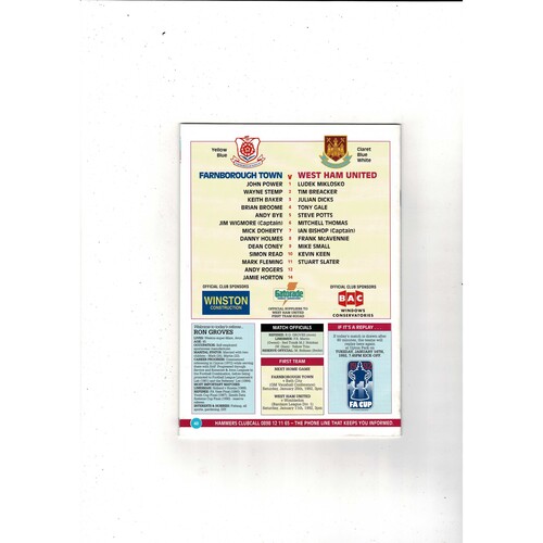Farnborough Town v West Ham United FA Cup Football Programme 1992/93 @ West Ham