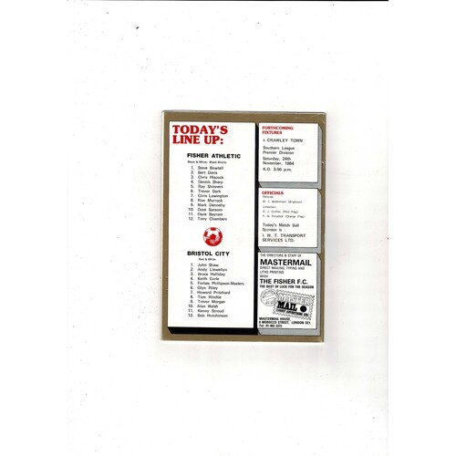 Fisher Athletic v Bristol City FA Cup Football Programme 1984/85