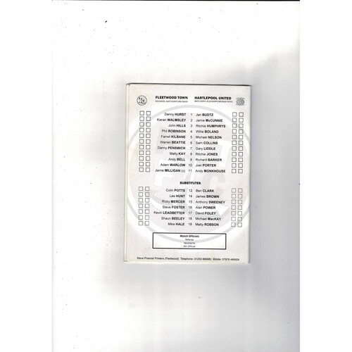 Fleetwood Town v Hartlepool United FA Cup Football Programme 2008/09