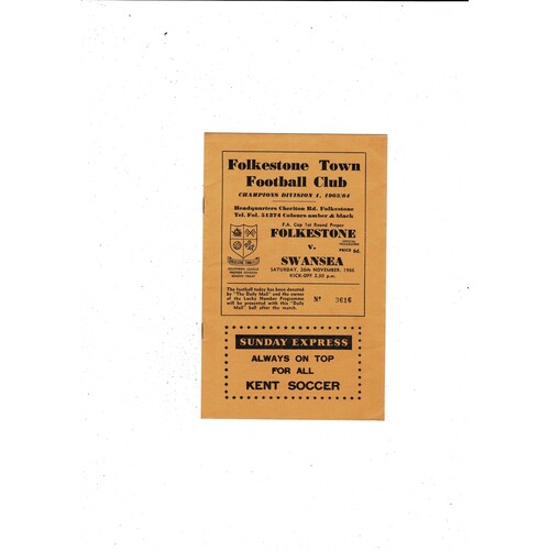 Folkestone Town v Swansea FA Cup Football Programme 1966/67