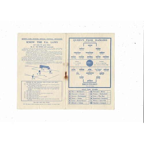 1950/51 Queens Park Rangers v Brentford Football Programme