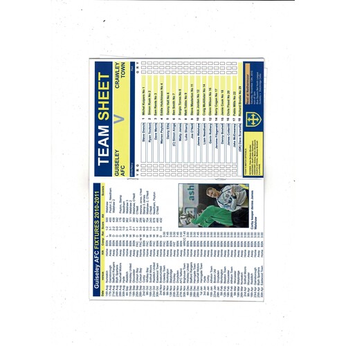 Guiseley v Crawley Town FA Cup Football Programme + Press cutting 2010/11