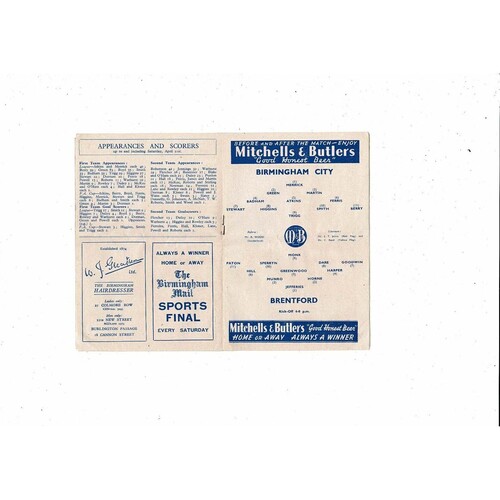 1950/51 Birmingham City v Brentford Football Programme