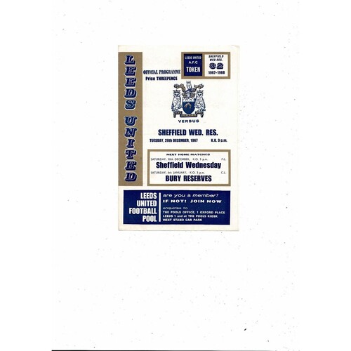 Leeds United v Sheffield Wednesday Central League Football Programme 1967/68