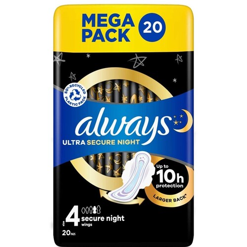 Always Ultra Secure Night Sanitary Pads with Wings Size 4 Pack of 18