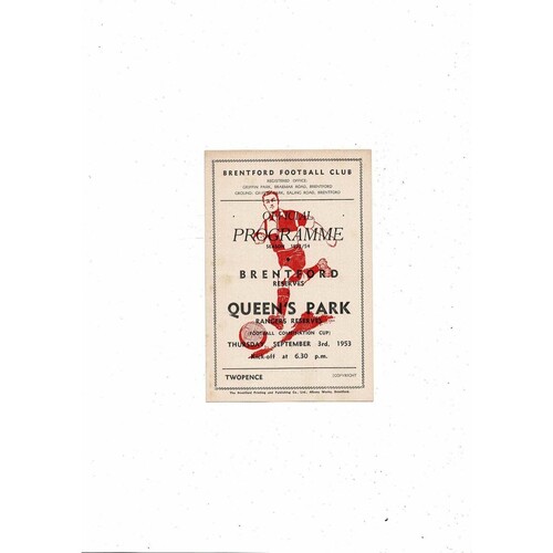 Brentford v Queens Park Rangers Football Combination Cup Programme 1953/54