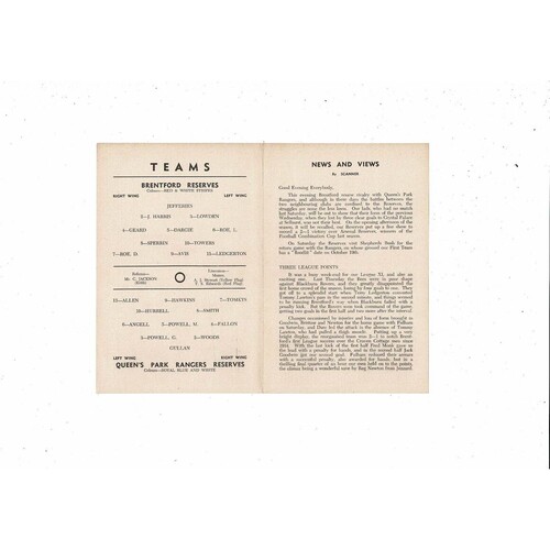 Brentford v Queens Park Rangers Football Combination Cup Programme 1953/54