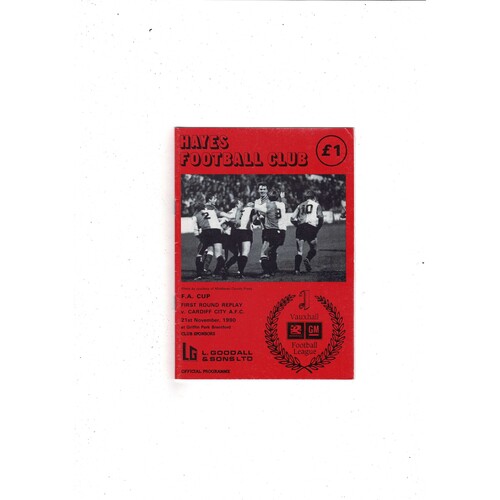 Hayes v Cardiff City FA Cup Replay Football Programme 1990/91 @ Brentford