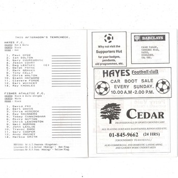 Hayes v Fisher Athletic FA Cup Football Programme 1987/88