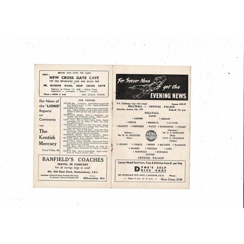 1956/57 Millwall v Crystal Palace FA Cup Football Programme