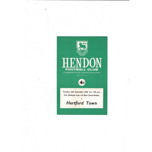 Hendon v Hertford Town FA Cup Replay Football Programme 1968/69