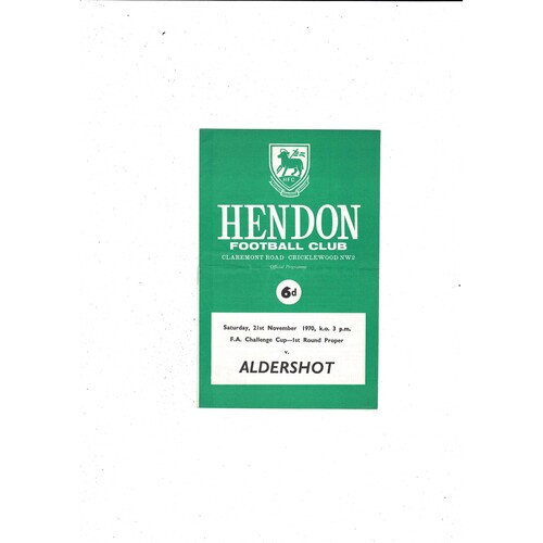 Hendon v Aldershot FA Cup Football Programme 1970/71