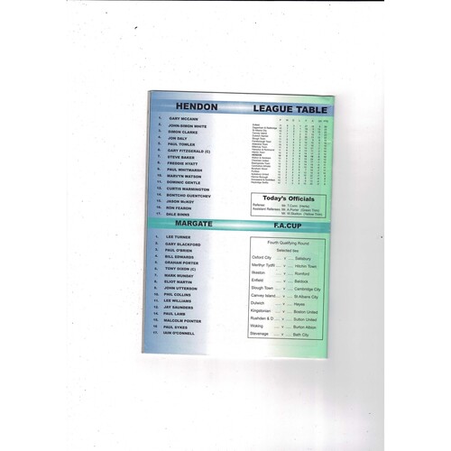 Hendon v Margate FA Cup Football Programme 1999/00