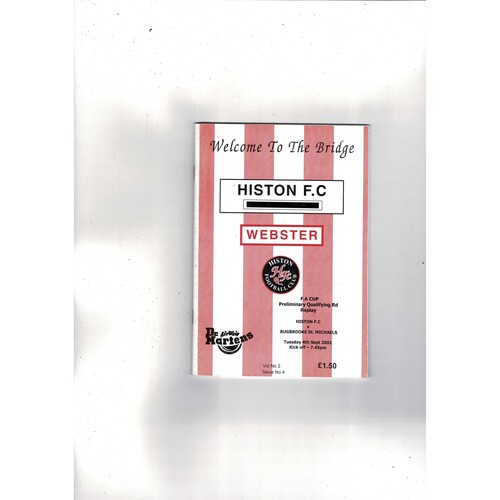 Histon v Bugbrooke St Michaels FA Cup Football Programme 2001/02