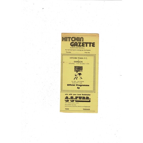 Hitchin Town v Swindon Town FA Cup Football Programme 1976/77