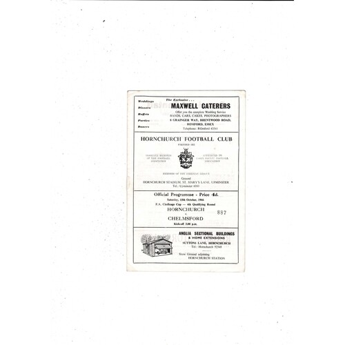 Hornchurch v Chelmsford FA Cup Football Programme 1966/67