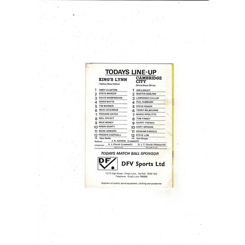 Kings Lynn v Cambridge City FA Cup Football Programme 1986/87