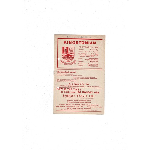 Kingstonian v Walton & Hersham FA Cup Football Programme 1962/63
