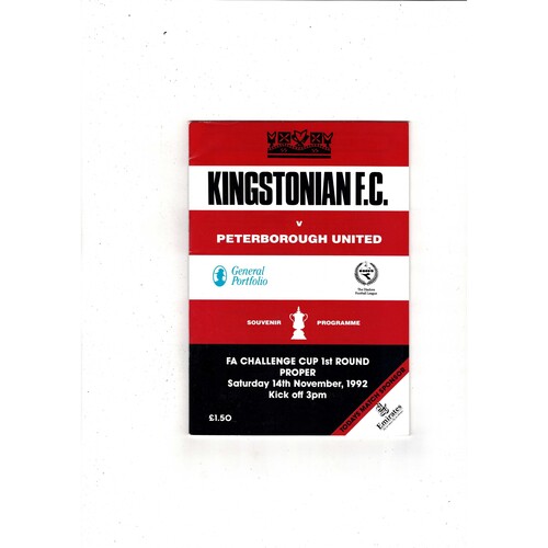 Kingstonian v Peterborough United FA Cup Football Programme 1992/93
