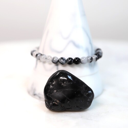Black Tourmaline and Quartz Beaded Bracelet