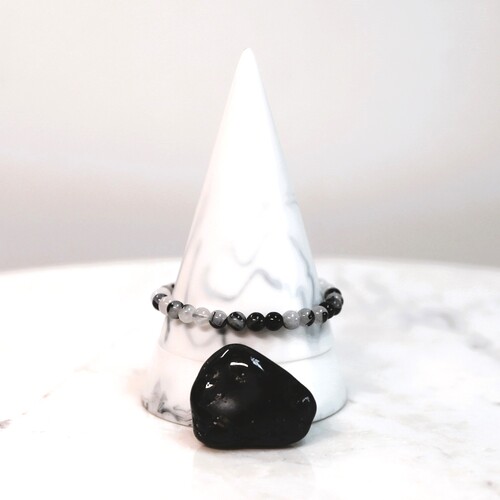 Black Tourmaline and Quartz Beaded Bracelet