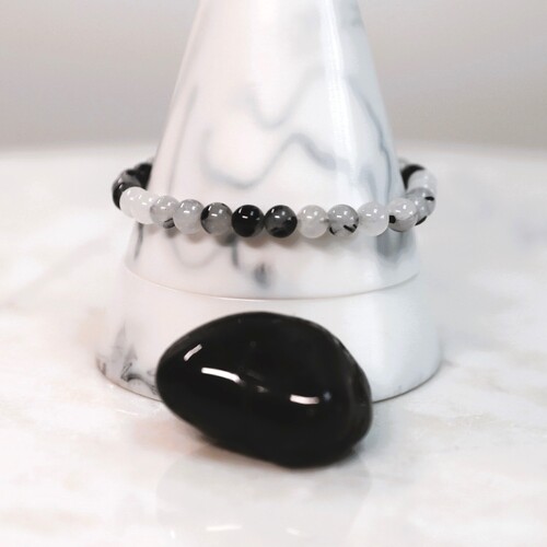 Black Tourmaline and Quartz Beaded Bracelet