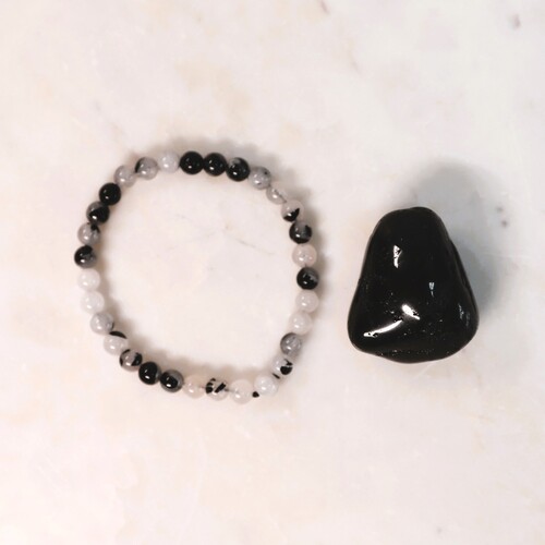 Black Tourmaline and Quartz Beaded Bracelet