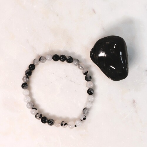Black Tourmaline and Quartz Beaded Bracelet