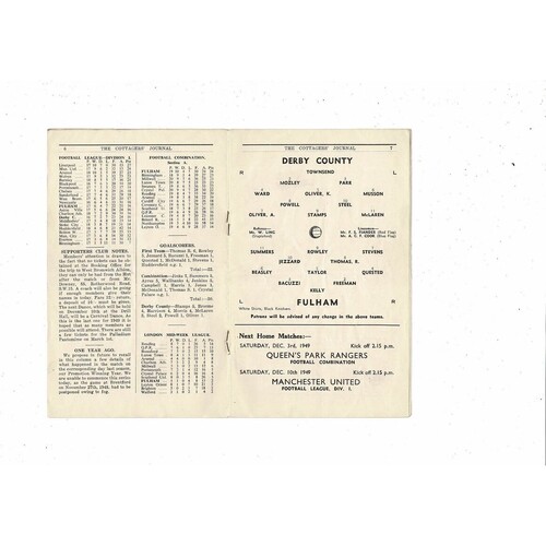 1949/50 Fulham v Derby County Football Programme