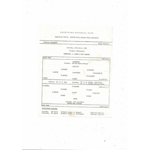 Brentford v Queens Park Rangers Football Combination Programme 1964/65