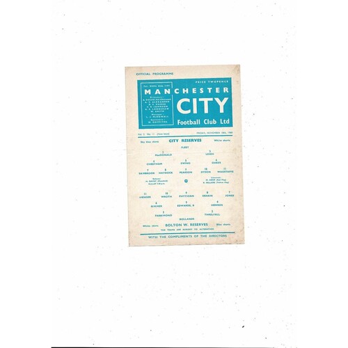 Manchester City v Bolton Wanderers Central League Football Programme 1960/61